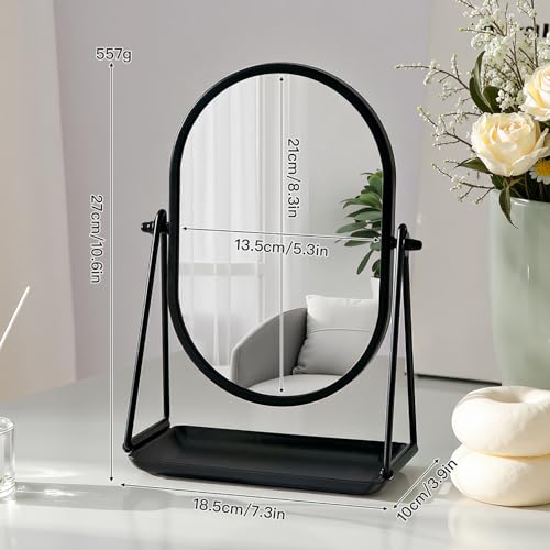 Black Metal Framed Oval Desk Table Mirror with Storage Tray - color: Oval-black