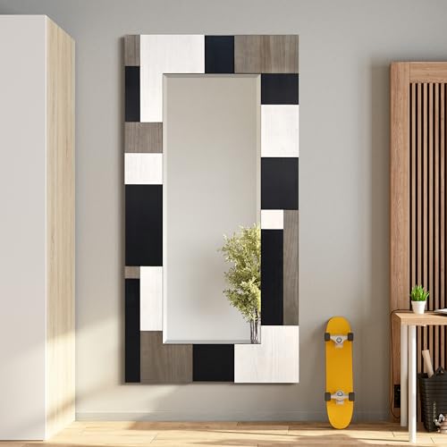 Empire Art Direct Geometric Blocks Hand Made Solid Paulownia Wood Beveled Leaner Mirror, Ready to Hang, Living Room, Bedroom & Office, 78.8"x39.4"x1.6" - style: Geometric Blocks
