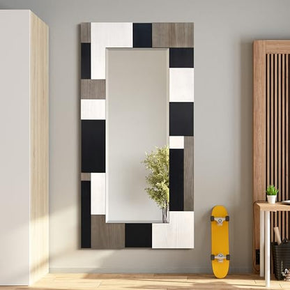 Empire Art Direct Geometric Blocks Hand Made Solid Paulownia Wood Beveled Leaner Mirror, Ready to Hang, Living Room, Bedroom & Office, 78.8"x39.4"x1.6" - style: Geometric Blocks