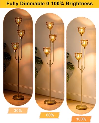 Amber Glass Floor Lamp 66IN 3-Light Modern Gold Dimmable Tree Floor Lamps - color: Amber Lace-Gold