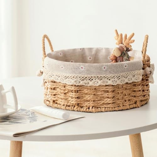 GIB Small Round Wicker Storage Baskets for Organizing with Handle and Liner - color: Beige-Round