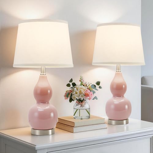 GyroVu 22" Table Lamp Set of 2, Color Temperature Adjustable Double Gourd Ceramic Lamps Classic Nightstand Table Lamps for Bedroom Beside Lamps for Living Room, Pink-Bulbs Included - color: 22.63" Pink Gourd