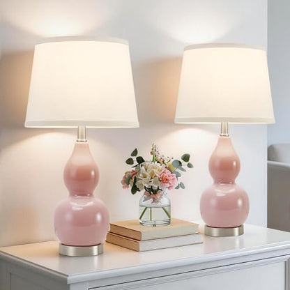 GyroVu 22" Table Lamp Set of 2, Color Temperature Adjustable Double Gourd Ceramic Lamps Classic Nightstand Table Lamps for Bedroom Beside Lamps for Living Room, Pink-Bulbs Included - color: 22.63" Pink Gourd