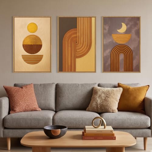 Large Boho Woodcut Framed Canvas Wall Art,Mid Century Modern Wall Decor,Abstract Geometric Brown Art Prints,Bohemian Sun and Moon Artwork for Living Room,Bedroom,Office -24"x36"x3 - color: Boho Woodcut Style, size: 36"L x 24"W