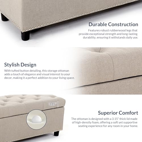 BELLEZE Storage Ottoman, Tufted Ottoman with Close Hinge, Foot Rest for Living Room (Beige, 47 inch) - color: Beige a