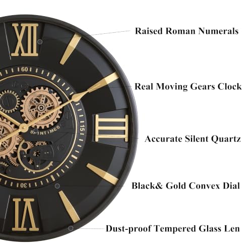 CLXEAST Mid Century Modern Black Gold 24 Inch Wall Clock with Moving Gears - color: Mid Century Modern Black/Gold, size: 24 Inch