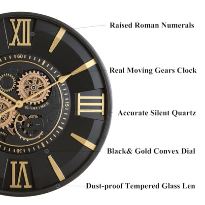 CLXEAST Mid Century Modern Black Gold 24 Inch Wall Clock with Moving Gears - color: Mid Century Modern Black/Gold, size: 24 Inch