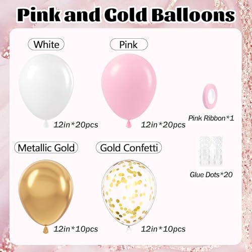 60pcs Pink and Gold Balloons 12inch with Metallic Gold Confetti Balloons - color: Pink White Gold