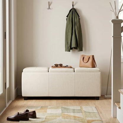 SIMPLIHOME Avalon 42" Wide Linen Look Storage Ottoman in Natural Beige - color: Natural Beige