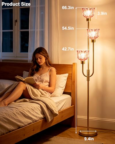 3-Light Glass Floor Lamp 66IN Modern Red Glass Gold Dimmable Floor Lamps - color: Deep Red Tulip-Gold