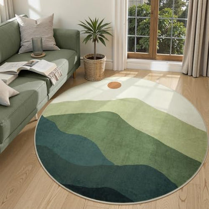 5ft Abstract Green Round Rug, Large Mountain Sunrise Circle Area Rug - color: Green, size: 5' (Round)