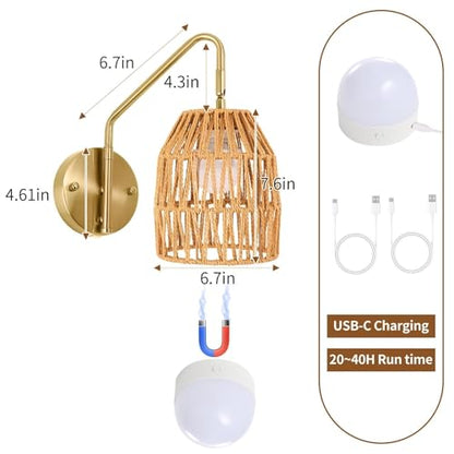 Rattan Battery Operated Wall Sconce Set of Two,Rechargeable,Remote