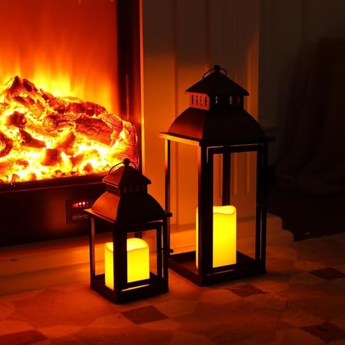 LED 랜턴 장식 야외 및 실내, 2개 세트 (43.2cm(17인치) 및 27.9cm(11인치)) 대형 블랙 메탈 랜턴 장식, 브론즈 브러시 포함, 현관, 파티오, 정원, 발코니, 웨딩 장식용 캔들 홀더(유리 없음) - color: 블랙 브러시 포함 / 43.2cm(17인치)+27.9