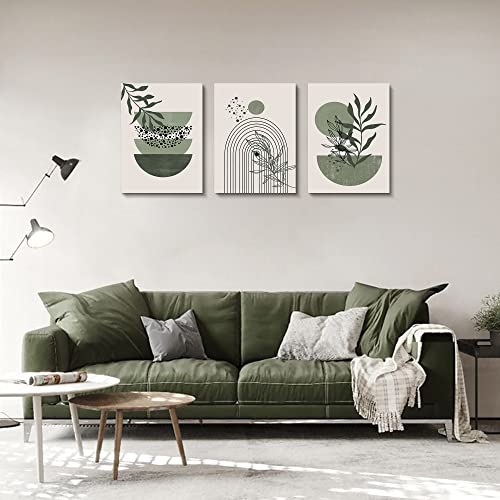 Sage Green Wall Posters & Prints, Green Boho Wall Art Set of 3, Minimalist Framed Wall Art Geometric Line Leaf Sun Moon Beige Green Canvas Artwork Paintings - color: Green Boho Prints, size: 12x16inchx3pcs
