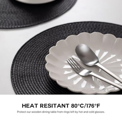 Baroyal Round Placemats Set of 8 Plastic Woven Placemats Washable Wipeable Table Mats for Dining Table Heat Resistant Non-Slip Circle Place Mats (Black) - color: Black