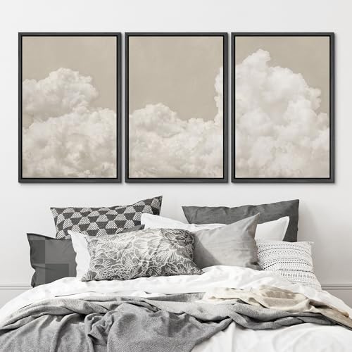 MUDECOR Framed Wall Art Print Set Serene Sky Filled with Fluffy Clouds Illustrations Modern Art Decorative Colorful Chic for Living Room, Bedroom, Office - 16"x24"x3 Black - color: Ad07-2404-yuk30, size: 16"x24"x3 Panels Black