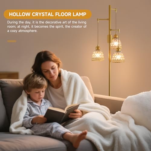 Vintage 3-Head Floor Lamp with Crystal Beads, Industrial Metal Standing Retro Lamp Adjustable Hanging Light for Living Room, Gold - color: Gold