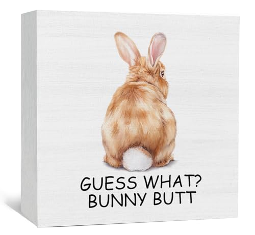 Funny Easter Bunny Wooden Box Signs, Rabbit Gifts for Rabbit Lovers Women, Funny Guest What Bunny Butt Wood Sign Home Decor for Bedroom Bathroom Desk Table Shelf 5x5 Inch - color: Brown Bunny