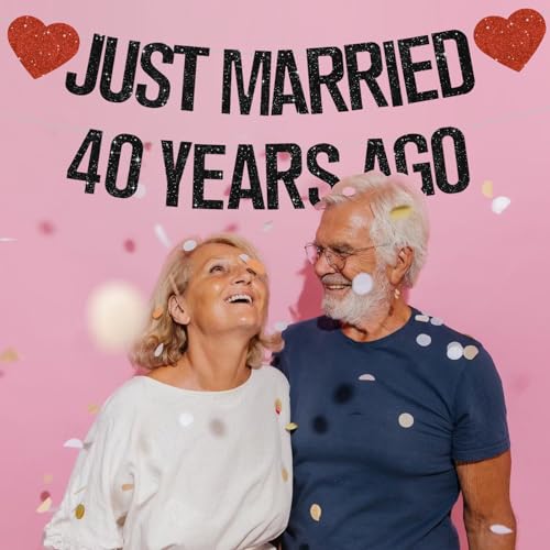 Black Glitter Just Married 40 Years Ago Banner,NO DIY,Pre-Strung 40th Wedding Anniversary Party Decorations 40 Years Blessed & Loved Garland Sign We Still Do 40th Party Supplies - color: 40black