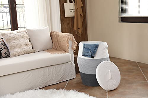 26"x20" Cottonphant Extra Large Tall Woven Laundry Basket with Lid, Cotton Rope Blanket Storage Basket, Freestanding Decorative Bin for Bedroom Living Room, White & Dark Grey - color: Grey/Dark Grey