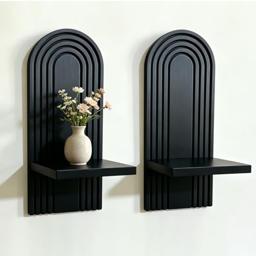 Boho Rattan Wall Floating Shelves Set of 2, Mid Century Modern Natural Wood Wall Mounted Shelves, Decorative Wall Shelf for Living Room, Bedroom, Bathroom, Office, Plant Display & Home Decor (Black) - color: Black