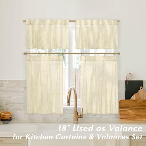 Lino Rosa Yellow 18 Inch Length Striped Kitchen Pinch Pleat Small Curtains with Hooks for Bathroom Windows - color: Yellow, size: 24"W x 18"L (Pack of 2)
