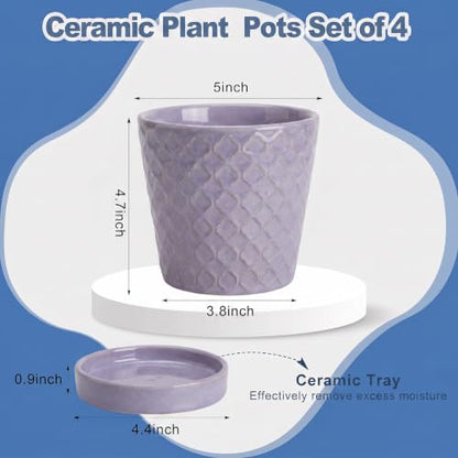 EFISPSS Ceramic Plant Pots, 5 Inch Planters with Drainage Holes and Ceramic Tray, Relief Design Flower Planter, Desktop Office Windowsill Decoration Gift Set of 4 - Lavender - color: Lavender