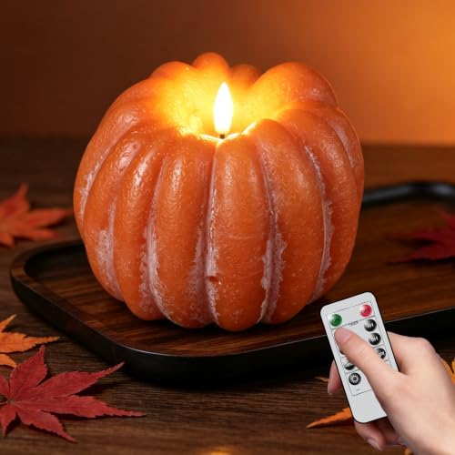 Wondise Orange Fall Decorations Real Wax Pumpkin Candles with Remote Timer - color: 2-Orange
