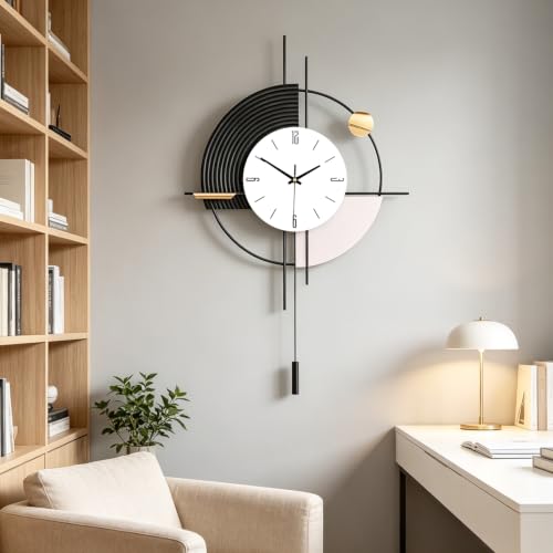 Large Black Modern Wall Clock with Pendulum Silent Battery Operated | MDF&metal material, quartz movement (<20dB), large black Arabic numerals, easy mount. Ideal for living room kitchen bedroom - size: 17.7x31in