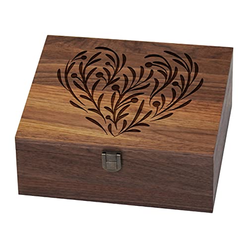 Walnut Wooden Memory Keepsake Box with Hinged Lid - color: Walnut Wood--Leaf & Love