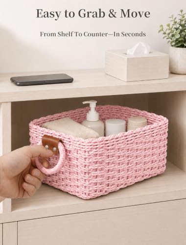 Small Wicker Baskets, 3 PCS Paper Rope Baskets for Shelves, Pink - color: Pink