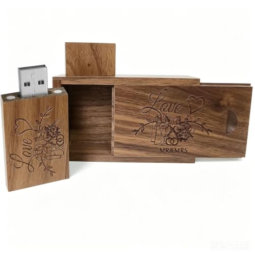 Wood USB Flash Drive 32GB USB3.0 Wedding Flash Drive with Tiny Box - color: Walnut(WED Block USB+box-S), size: 32GB-3.0