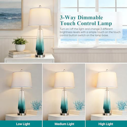 QiMH Glass Table lamps for living room, Modern Bedside Lamps for Bedrooms,27.5" Tall Nightstand Lamps Set of 2 with 3-Way Dimmable Touch Control, White Linen Shade,USB A/C Charging Ports,Gradient Teal - color: Teal 2
