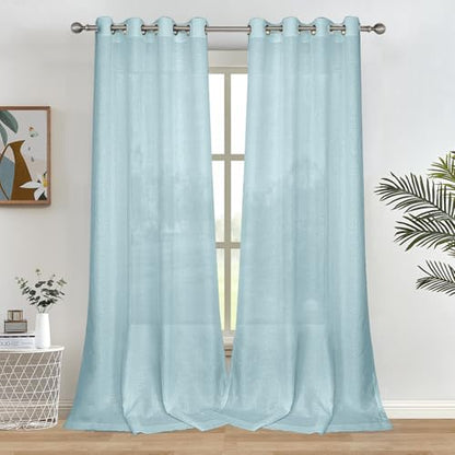 Melodieux Blue Semi Sheer Curtains 63 Inch Length for Living Room Bedroom Flax Linen Grommet Voile Drapes, 52 by 63 Inch (2 Panels) - color: Blue, size: 52"W x 63"L (Pack of 2)