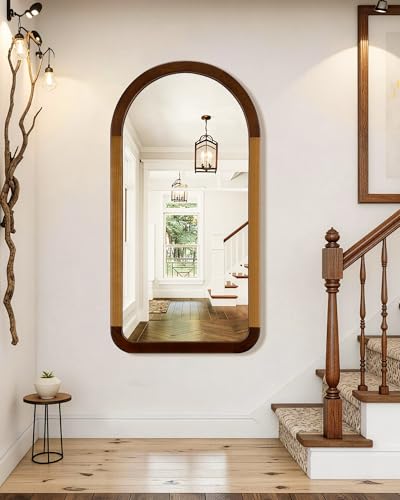 Arched Mirror 24 x 47 Inch,Wood Rustic Bathroom Wall Mirror with Wood Frame - color: Two-tone Walnut a, size: 47"L x 24"W