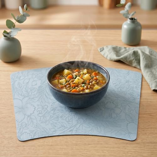 Faux Leather Set of 6, Placemats with Carving Floral Design - color: Light Blue