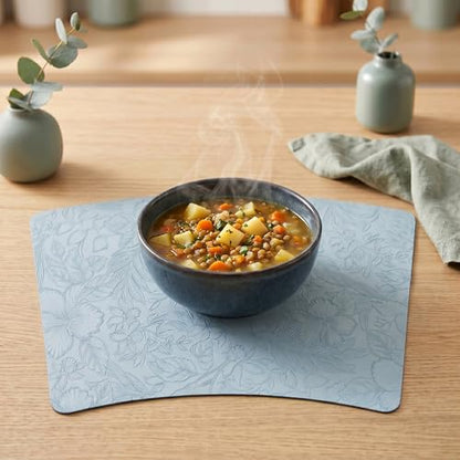 Faux Leather Set of 6, Placemats with Carving Floral Design - color: Light Blue