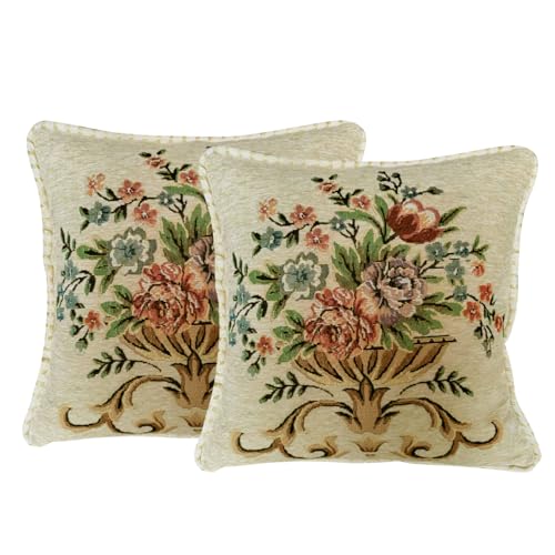 Set of 2 Beige Vintage Embroidered Throw Pillows Covers 18x18in - color: White