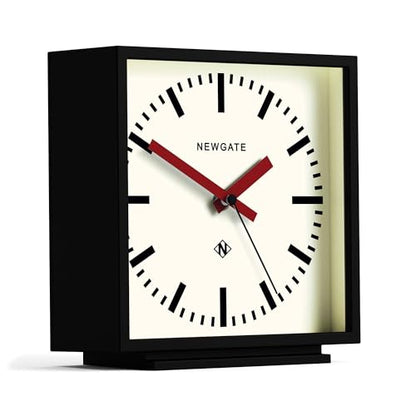 NEWGATE® Amp Desk Clock | Square Station Clock Design | Black case with red Hands | Modern Style for Desk, Table top, Mantel, Shelf or Bedside - color: Matt Black Case With Cream Dial (Red)