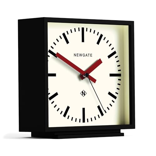 NEWGATE® Amp Desk Clock | Square Station Clock Design | Black case with red Hands | Modern Style for Desk, Table top, Mantel, Shelf or Bedside - color: Matt Black Case With Cream Dial (Red)