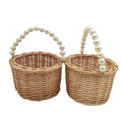 Rustic Wicker Rattan Wedding Flower Girl Baskets,Woven Rattan Storage Basket with Pearl Handles,Woven Eggs Candy Basket for Wedding Home Garden Decor (H - 2PCS) - color: H - 2PCS