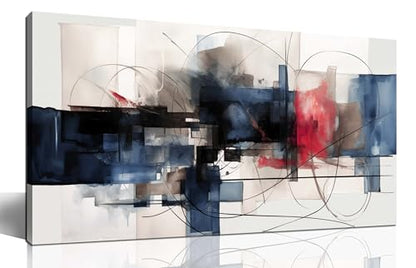 Fuwobriva Abstract Canvas Wall Art for Living Room Bedroom Office Large Wall Art Decor Abstract Wall Art Modern Black Red and Blue Geometry Painting Artwork 20"x40"
