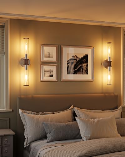 Rayogale Nickel & Walnut Wireless Battery Operated Wall Sconces with Remote - color: Nickel & Walnut(Clear Tubular Lampshade)