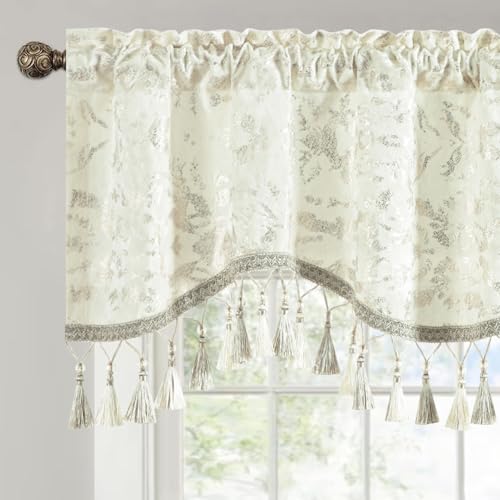 Leeva Scalloped Valance for Window, Floral Foil Print Curtain Topper for Bedroom Living Room, 52" x 18" Rod Pocket Valance, White - color: White