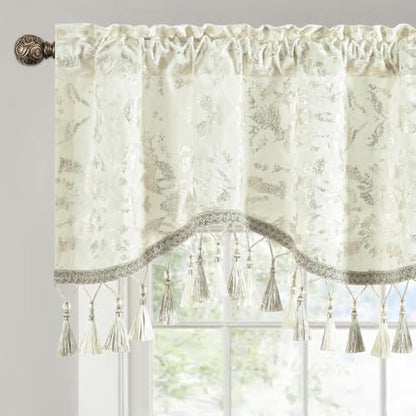 Leeva Scalloped Valance for Window, Floral Foil Print Curtain Topper for Bedroom Living Room, 52" x 18" Rod Pocket Valance, White - color: White