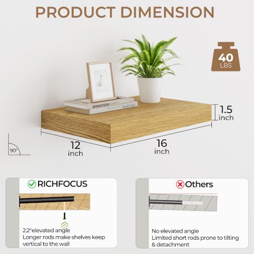 RICHFOCUS Bathroom Floating Shelves for Wall 2Pack|Oak|16" L - color: Oak, size: 16"L x 11.6"D, Set of 2