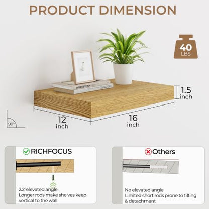 RICHFOCUS Bathroom Floating Shelves for Wall 2Pack|Oak|16" L - color: Oak, size: 16"L x 11.6"D, Set of 2