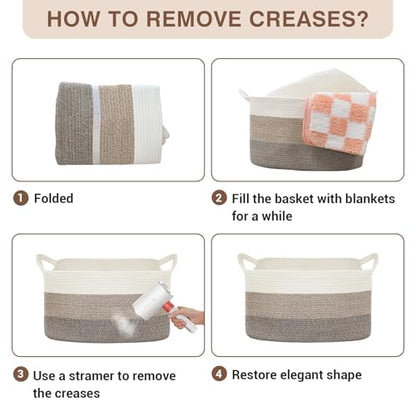 YOUDENOVA Large Blanket Basket, Rectangle Cotton Rope Storage Baske - color: White+Light Brown+Dark Brown