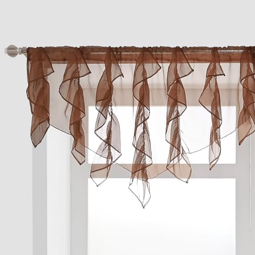 PearAge Ruffled Voile Semi Sheer Curtain Valance, Kitchen Living Room Shabby Chic Ruffle Valance Curtains, Girls Daughters Bedroom Cascade Window Valance 52x26 Inches (Brown-Triangle) - color: Brown