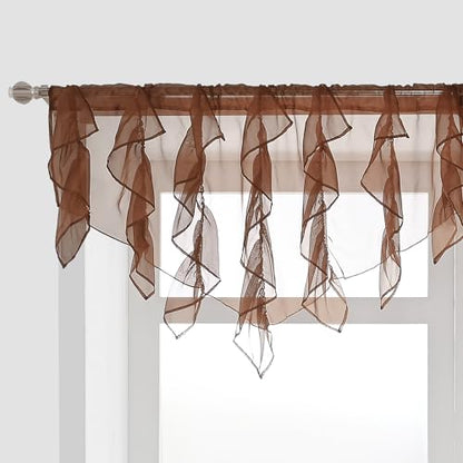 PearAge Ruffled Voile Semi Sheer Curtain Valance, Kitchen Living Room Shabby Chic Ruffle Valance Curtains, Girls Daughters Bedroom Cascade Window Valance 52x26 Inches (Brown-Triangle) - color: Brown